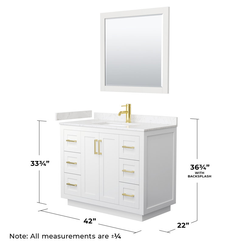 Miranda 42" Freestanding Single Bathroom Vanity with Cultured Marble Top with 34" Mirror, White, Brushed Gold