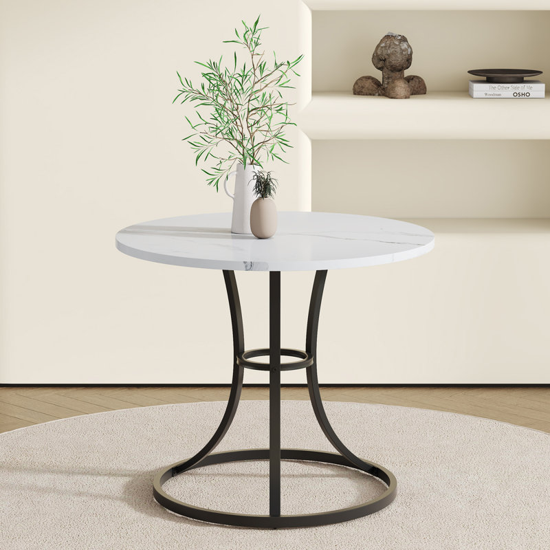 A Modern Minimalist Circular Dining Table, 33.3 - Inch Diameter, White Marble Textured Pattern Desktop, Uniquely Shaped Legs, Elegant & Practical For Dining Spaces