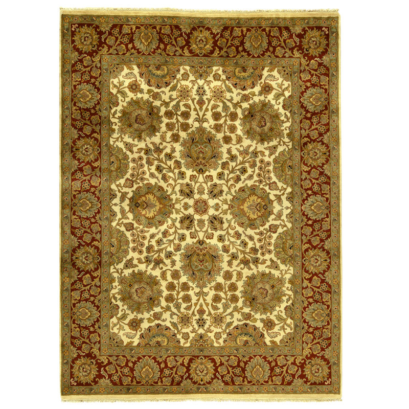 Hand Knotted Wool Oriental Area Rug in Ivory And Red