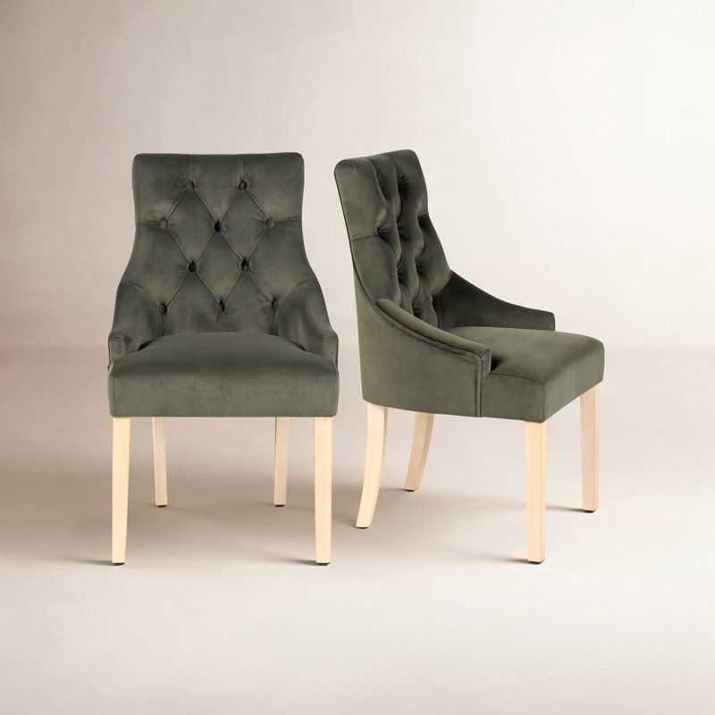 Tufted Solid Wood Dining Chairs, Dark Green Velvet