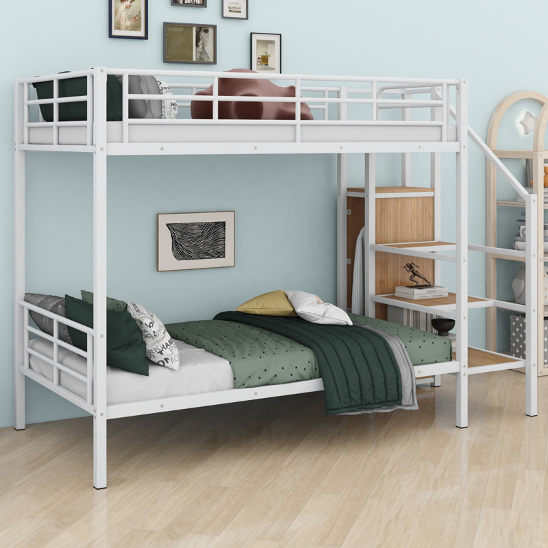 Lit superposé en métal avec échelle de rangement latérale et garde-robe, Blanc