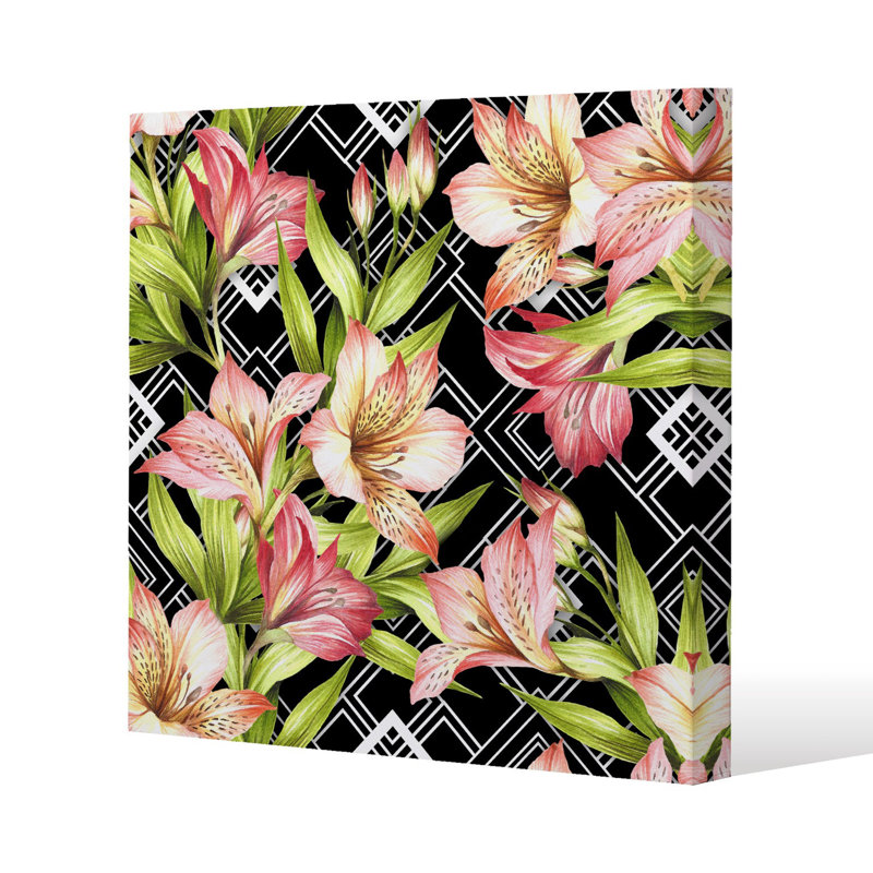 Bright Plants on Geometric Background Slim Style Canvas Print, 30 cm H x 30 cm W