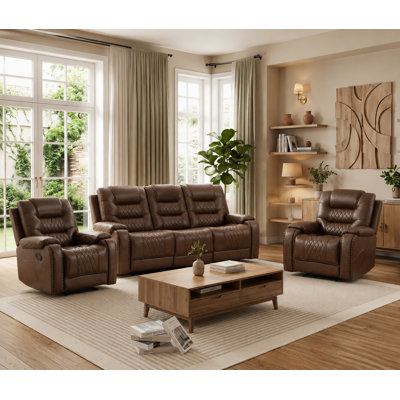 Ensemble de salon inclinable manuel en similicuir 3 pièces avec console cachée
