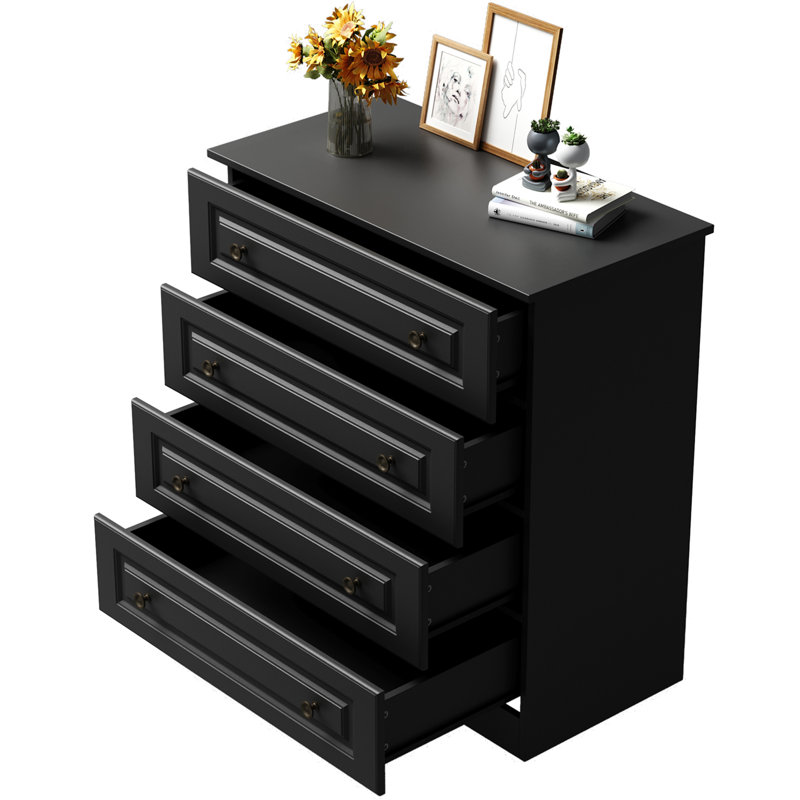  Commode 4 tiroirs, commode à tiroirs, commode et rangement en bois de 29,5 po de largeur, noir (ensemble de 2), Noir