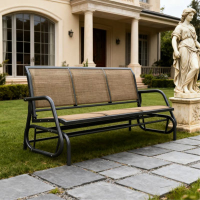Patio Glider Bench For 3 People, Gray Mesh, Metal Frame, 660 Lbs Load, 57.9" Long - Person With Mesh Seat And , Quiet Rocking, 15.7" Height,