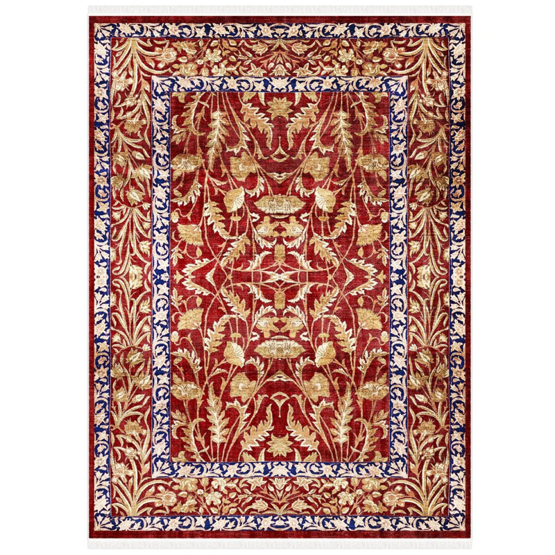 Wade Oriental Design Red Carpet Machine Made Cotton Material Area Rug_Red, Rectangle 6'1" x 9'9"