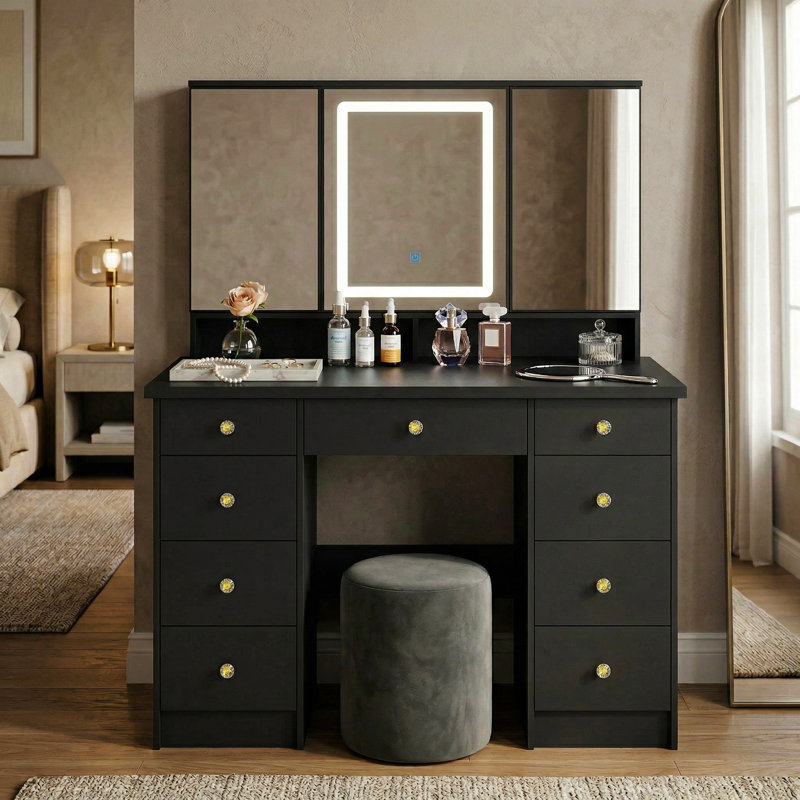 Jyotsna 9-Drawer Makeup Vanity with Mirror and Adjustable Lights , Black