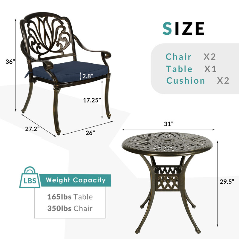 2 - Person Patio Dining Set with Round Table , Cushions Included, Navy Blue