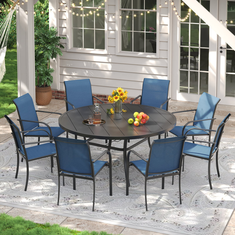 Ensemble repas d'extérieur pour 8 personnes avec fauteuil empilable 8 personnes, Noir / Bleu