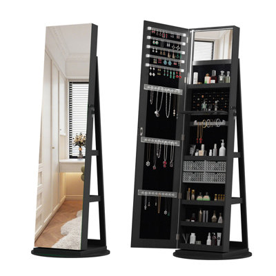 Armoire à bijoux verrouillable pivotante à 360 ° avec miroir pleine grandeur et tablettes de rangement arrière
