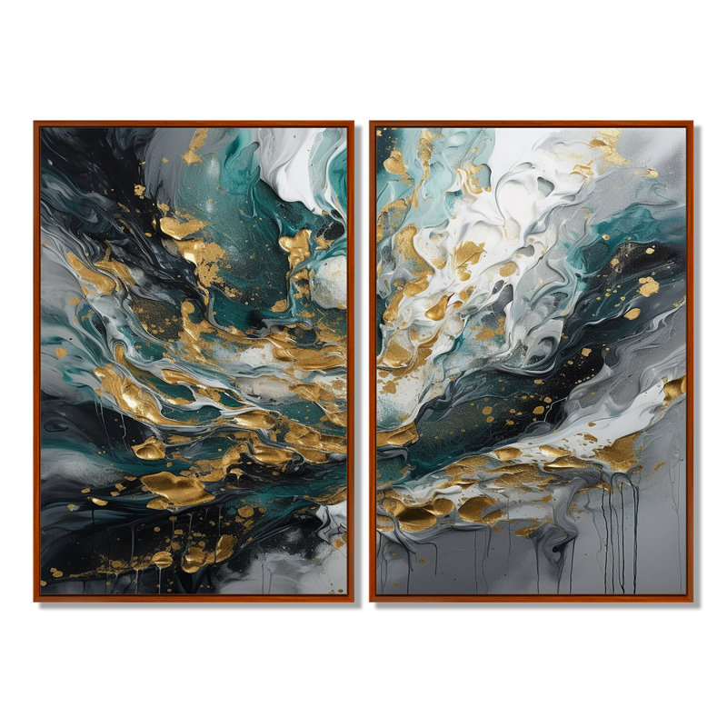 Encre dorée sarcelle sur pierre - reproductions d'art abstrait sur toile, 36" H x 48" W, Impression encadrée flottante, Brown