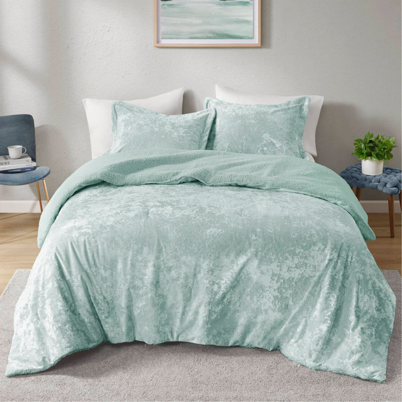 Ensemble d'édredon réversible en sherpa 3 pièces, Turquoise, Édredon double / grand et 2 taies décoratives