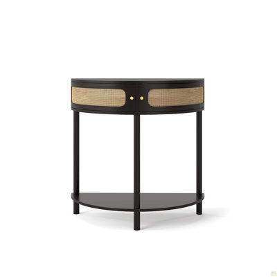 Unique Half Moon Design End Table with Sliding Rattan Door,Elegant Semi-circle Entryway Console Table with 2 Rattan Storage Cabinet and Bottom Shelf for Living room, Bedroom, Study, Hallway(Black)