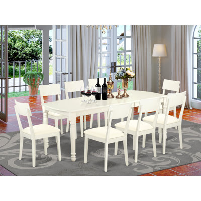 Ensemble de table de cuisine 9 pièces comprenant une table de salle à manger rectangulaire avec rallonge papillon et 8 chaises en similicuir, blanc lin
