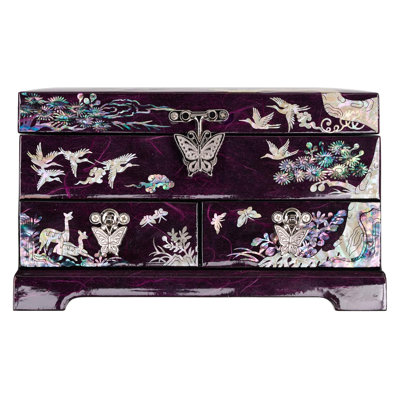 Handmade Mother Of Pearl Jewellery Box With Cranes Design - Two-Tier Lacquered Wooden Organizer With Mirror, Decorative Storage For Rings, Earrings, Necklaces, And Bracelets