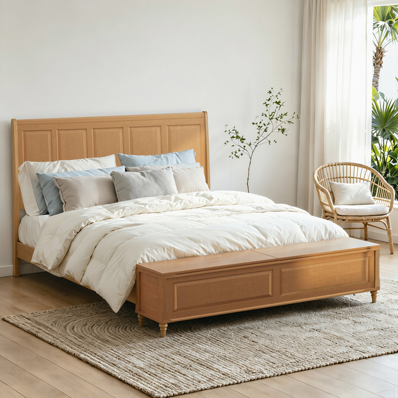 Structure de lit plateforme avec tête de lit à oreilles et banc de rangement, aucun sommier nécessaire, Naturel