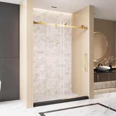 Frameless Single sliding shower door  48 "W x 76" H, 1/4 "(6 mm) Clear Tempered Glass, Explosion Proof Film, Stainless Steel Handle Square Tube Track ,Brushed Gold