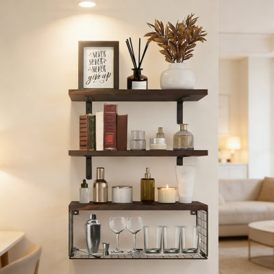 Étagère de salle de bain flottante à 3 niveaux avec panier de rangement en fil métallique et planches de bois de paulownia, organisateur mural rustique pour salle de bain, salon ou cuisine