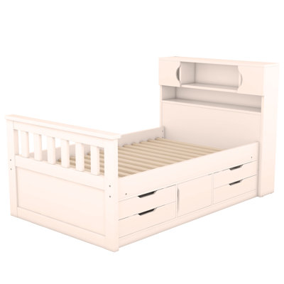 Twin Size Captain Platform Bed Frame With Storage Bookcases And Shelves,Four Drawers,White