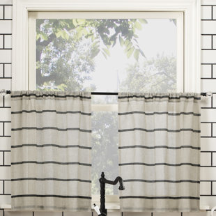 Clean Window Aso Twill Stripe Linen Blend Sheer Rod Pocket Kitchen Curtain Tier Pair