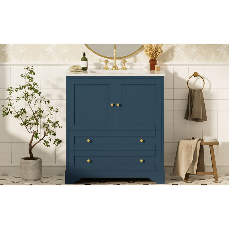 Armoire de salle de bain 30 po avec lavabo en céramique, poignées dorées au design moderne. Structure en bois massif de couleur bleue. Rangement spacieux, meuble-lavabo à assemblage pratique, rangement abondant. Rapide et facile