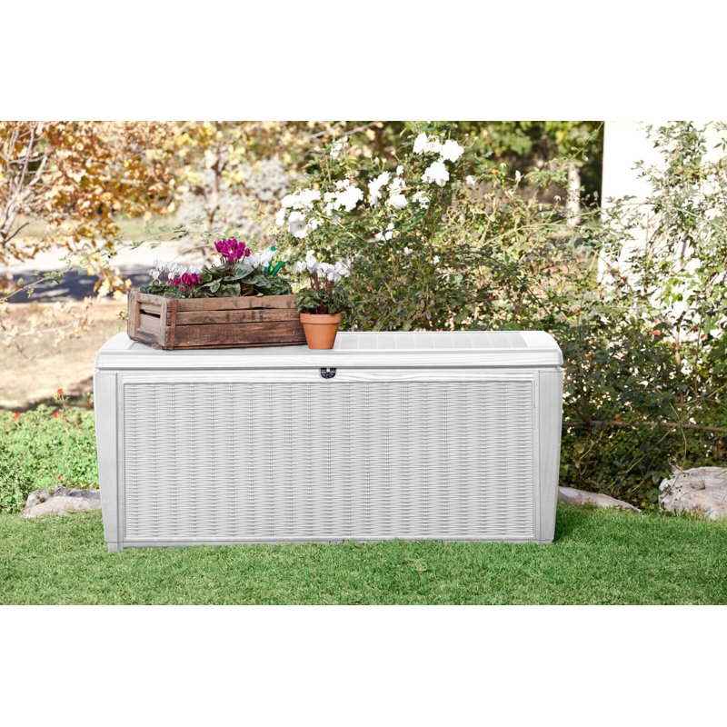 White Large Resin Wicker Lockable Deck Box