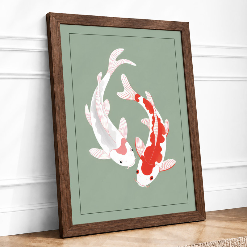 Dancing Koi Japandi - Framed Print, A2 - 59.4 x 42.0 cm, Walnut