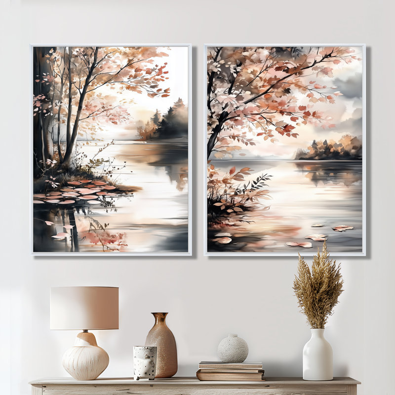Reflets printaniers au bord du lac - Ensemble de 2 toiles décoratives « Forêt riveraine », 40" H x 40" W