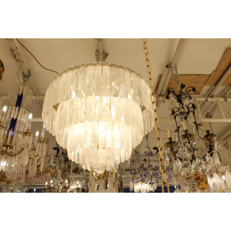 Lustre en cristal de roche rose clair, Pierre naturelle noire, Or mat, 22" Diameter x 20" Height