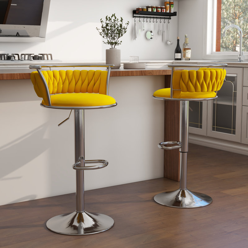 Christal Swivel Upholstered Adjustable Height Counter Stool, Yellow, Silver