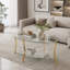 Table basse 43,3 po moderne en verre ovale avec pieds en métal, verre trempé transparent, rangement à double couche de verre-1369793923