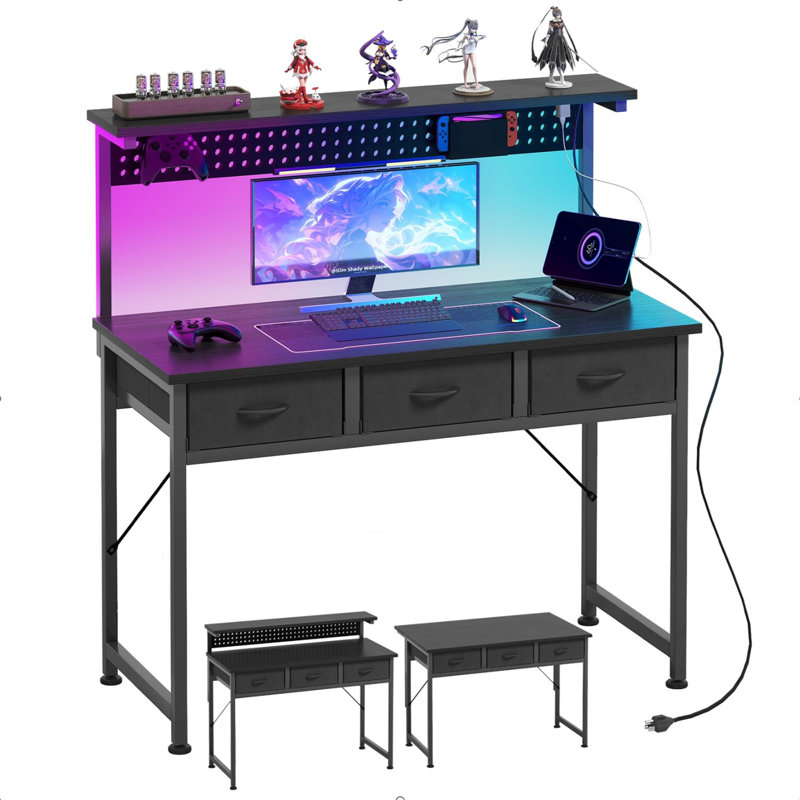 Metal Base Computer Desk with Power Outlet, Black