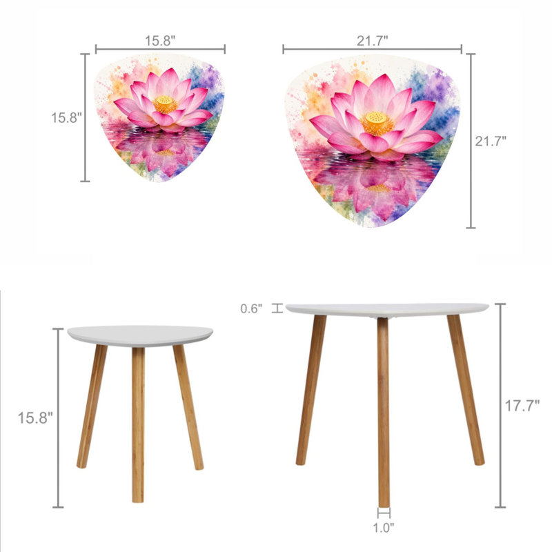 Ensemble de 2 tables basses gigognes en forme de triangle, lotus roses, fleurs rétro, aquarelle, peinture florale douce, table de bout, table d'appoint minimaliste moderne pour salon, chambre à coucher