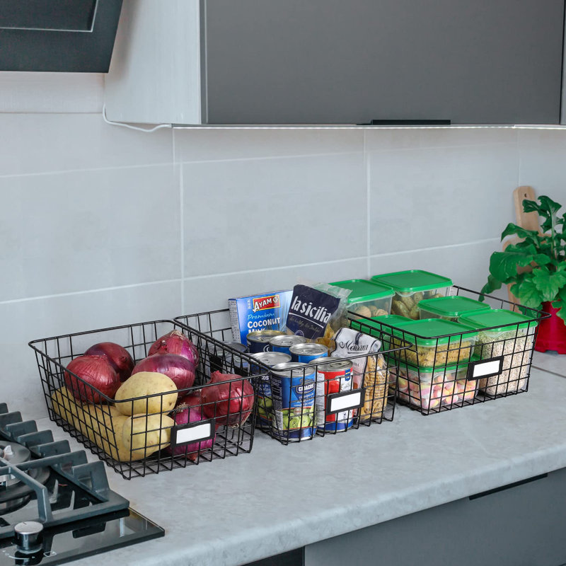 Extra Large Black Metal Wire Storage Baskets with Labels, Set of 6