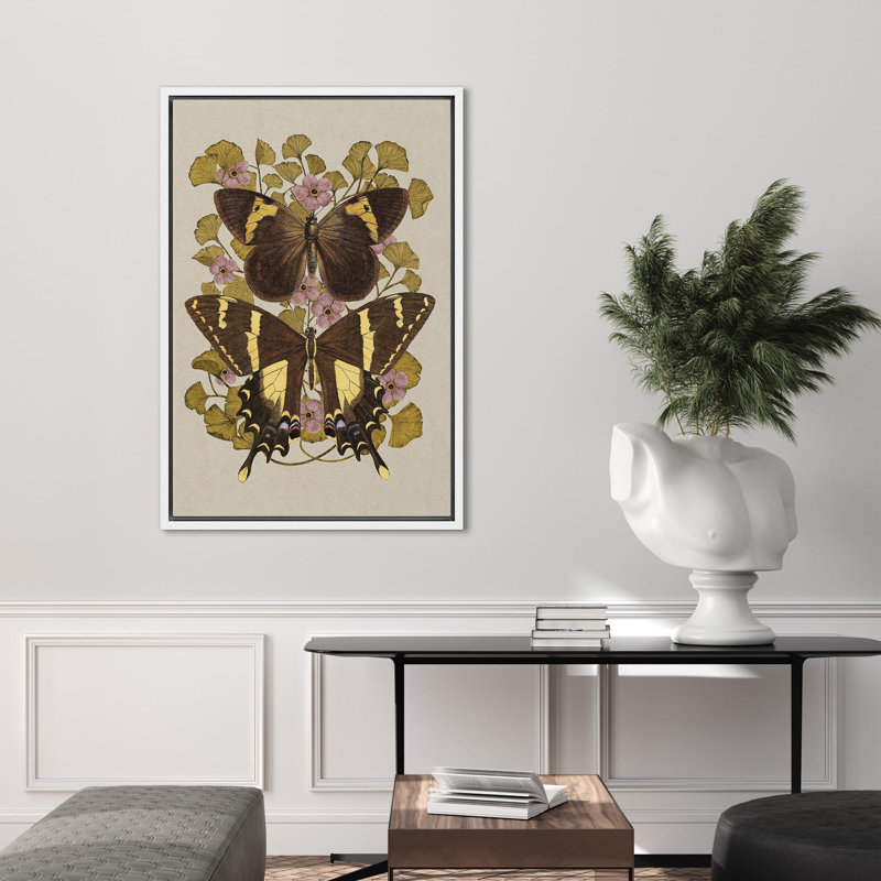 Animaux, papillon brun et feuilles de ginko, illustrations sur, Cadre flottant blanc, H 24 po x l 16 po