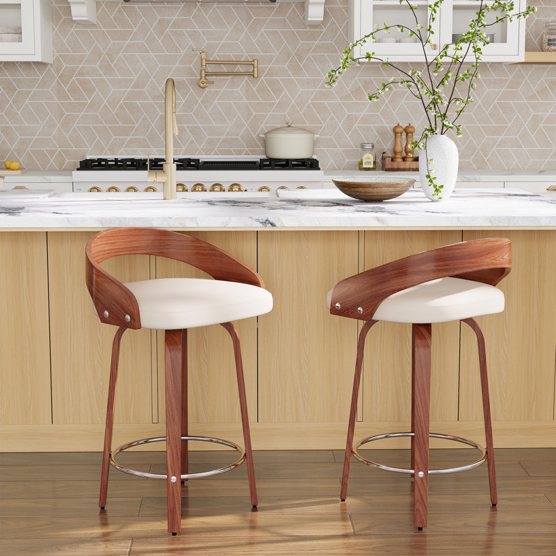 Tabourets pivotants à hauteur de bar avec dossier bas, chaises de bar en bois avec coussin moelleux (ensemble de 2)