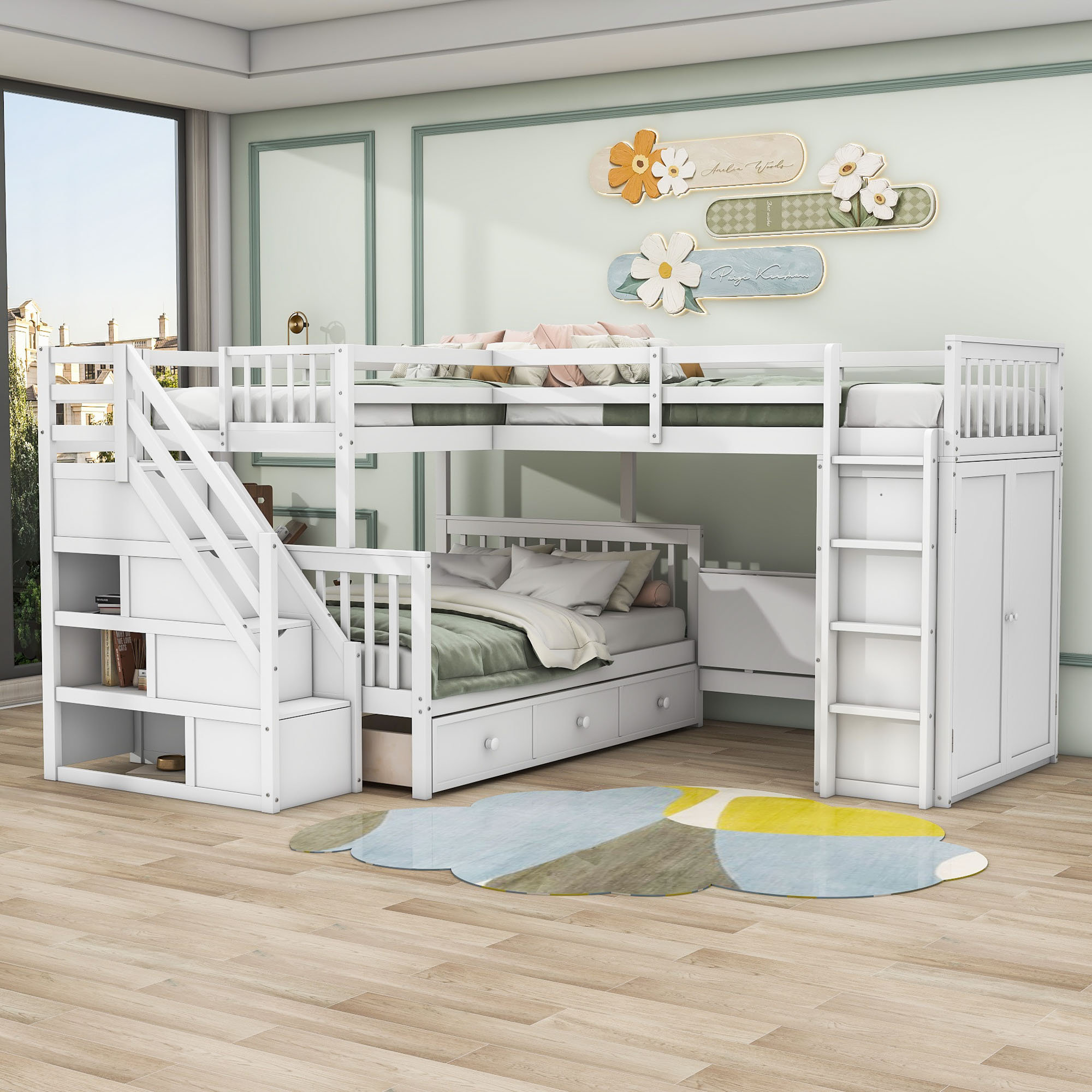 Harriet Bee Ilina Twin over Full 3 Drawer L-Shaped Bunk Bed with Built ...