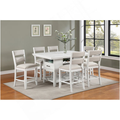 Ensemble de salle à manger 7 pièces à hauteur de comptoir Table rectangulaire blanche Bouteille de vin Chaises de rangement