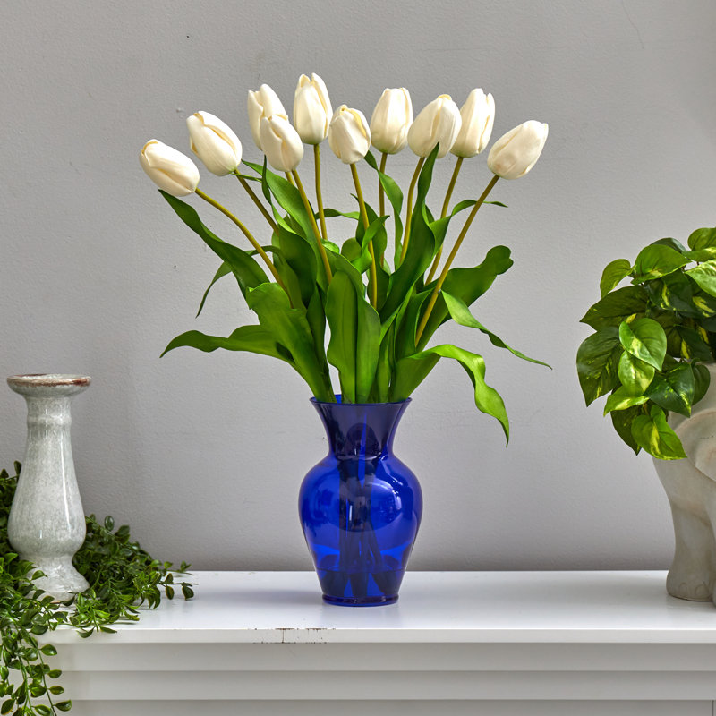 Tulip Arrangement in Vase, White, Blue