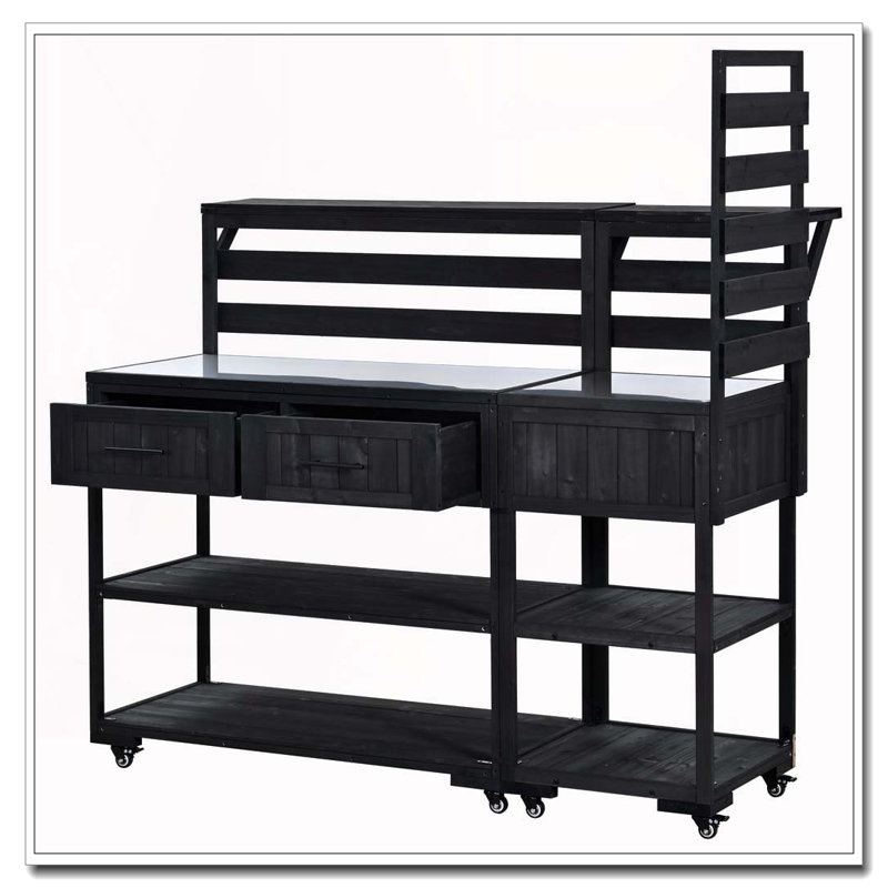 62.3'' Patio Kitchen Island Solid Wood Kitchen Cart with Stainless Table Top, Black