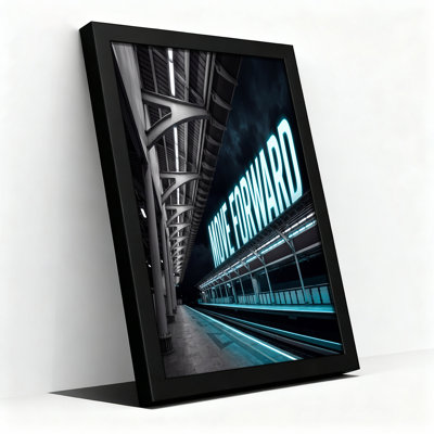 Cyan Neon Move Forward Sign Over Train Tracks Canvas Wall Art