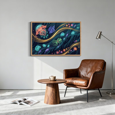 Glowing Jellyfish And Shells With Golden Swirls Canvas Wall Art