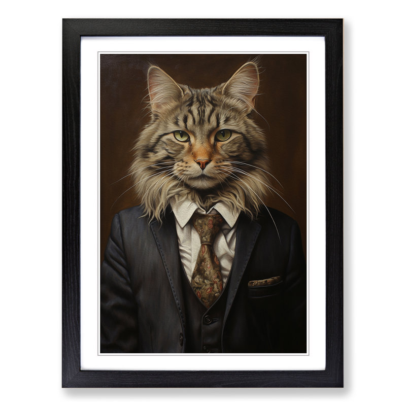 Cat In A Suit - Single Picture Frame Print on Wood, 34cm H x 25cm W x 2cm D, Black 