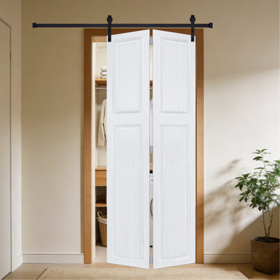 Porte de grange coulissante en panneau de fibres à densité moyenne noyer blanc 2 panneaux de 84 po x 52 po avec quincaillerie