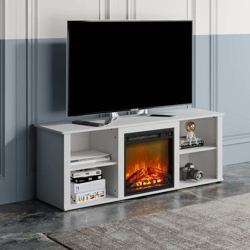 Meuble télé 58,6 po avec foyer électrique de 18,1 po pour téléviseur de 65 po ou moins, 4 compartiments de rangement ouverts