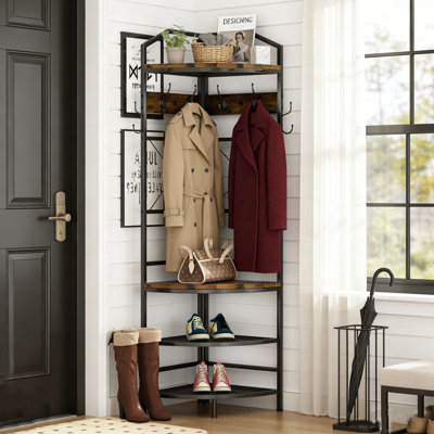 Portemanteau d'angle à 4 niveaux avec 6 crochets doubles pour le vestibule, portemanteau de style campagnard avec banc à chaussures, porte-vêtements autoportant, range-chaussures pour bureau à domicile, vestibule, couloir