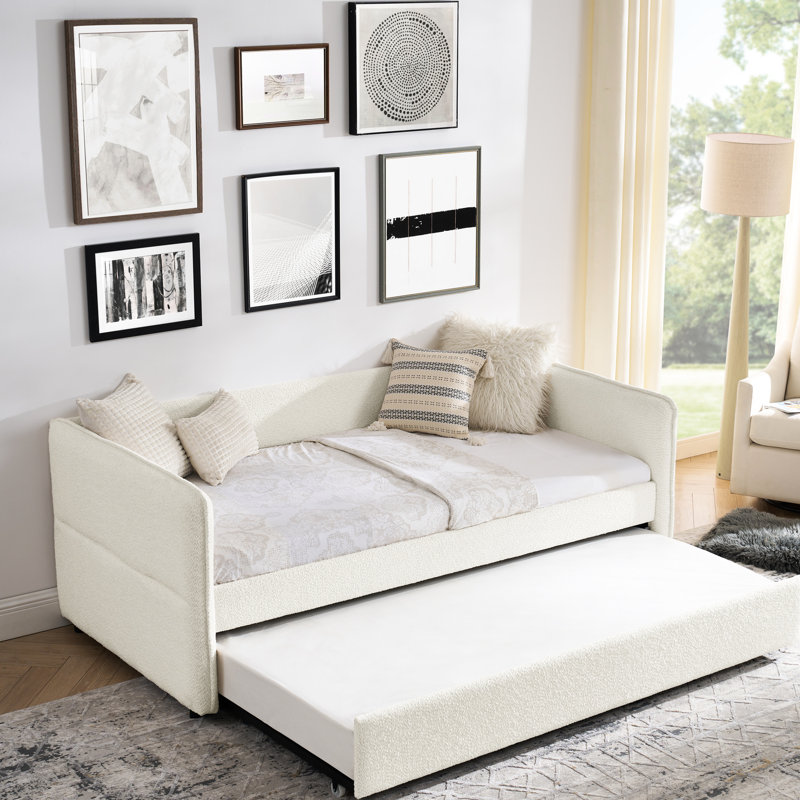Lit de jour simple tapissier avec couchette, Boucle beige, 83 po x 43 po x 29,5 po, rayures verticales, côtés rembourrés de mousse, tissu idéal pour les cafés Boucle, motif, dossier, chambre à coucher