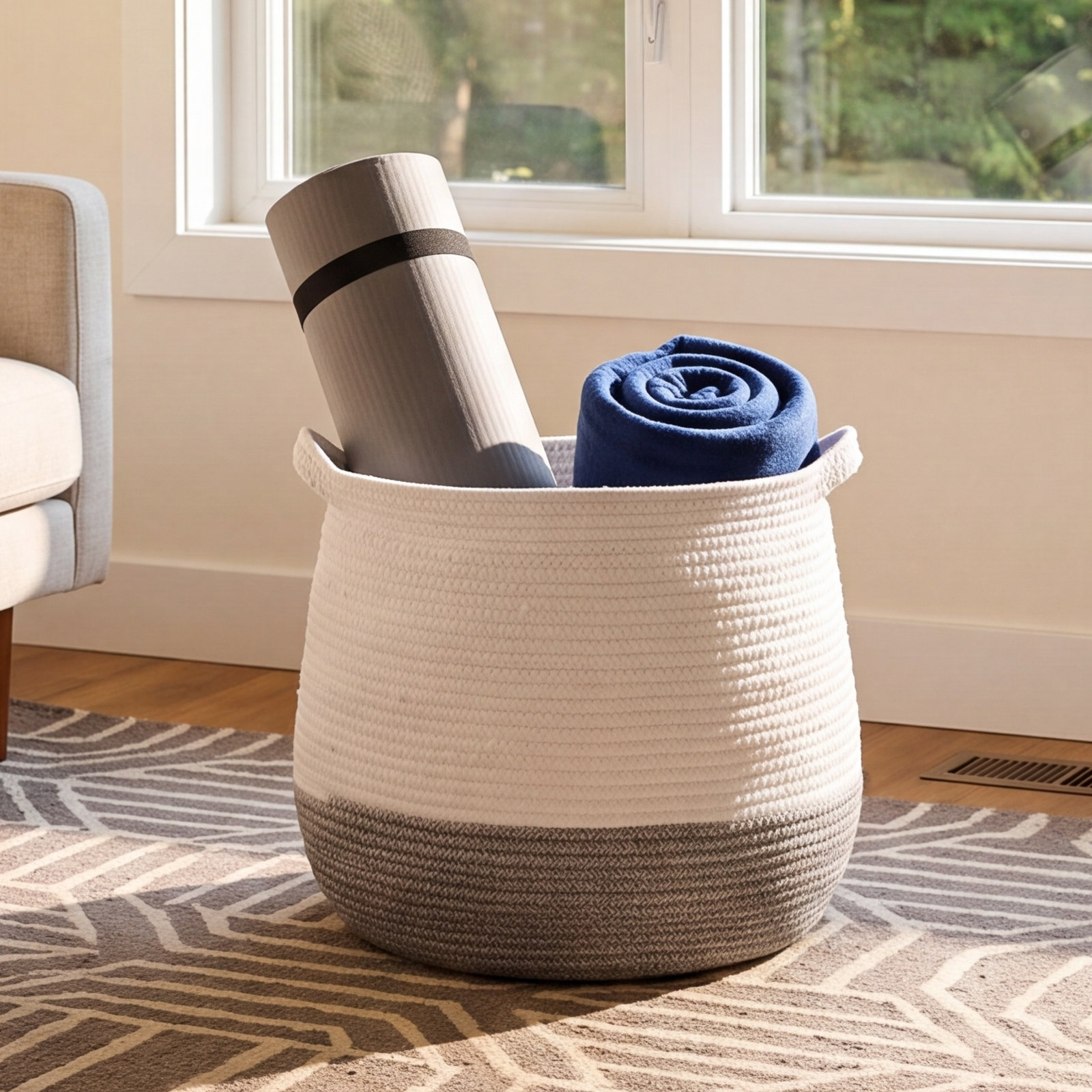 Althoff Handwoven 100% Cotton Storage Bin, White/Gray