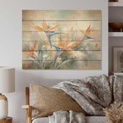 Oiseau de paradis beige et orange I - Fleurs, art mural sur bois de pin naturel