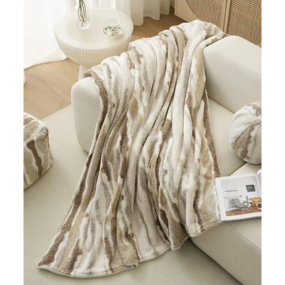 Jeté réversible beige en molleton fausse fourrure à rayures en peluche